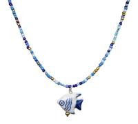 Zlanderah Dainty Blue and White Plastic Seed Bead Choker, Hand-Painted Ceramic Fish Pendant Necklace for Women, Coastal Boho Jewelry (16"+2.8")