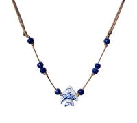 Zlanderah Hand-Painted Blue and White Ceramic Fish Pendant Necklace, 20-35in Adjustable Hippie Necklace for Men and Women, Blue Boho Coastal Jewelry for Beach and Daily Wear