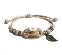 Zlanderah Handmade Bohemian Bracelet with Bee and Leaf Charm - Adjustable Earthy Green Ceramic Bead Bracelet for Women, Nature-Inspired Boho Jewelry Gift for Friends