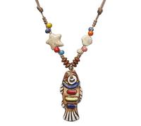 Zlanderah Handmade Ceramic Beaded Necklace with Fish Pendant, Adjustable, Ceramic, No Gemstone