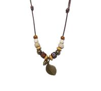 Zlanderah Hippie Style Ceramic Beads Necklace with Copper Leaf and Acorn, Boho Necklace for Women Trendy, Bohemian Jewelry Gifts for Women, Gypsy Sweater Necklace, Adjustable, Ceramic, No Gemstone