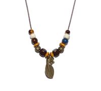 Zlanderah Hippie Style Ceramic Beads Necklace with Copper Leaf and Flower, Boho Necklace for Women Trendy, Bohemian Jewelry Gifts for Women, Gypsy Sweater Necklace, Adjustable, Ceramic, No Gemstone