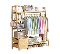 ZLECB Clothes Rail Heavy Duty,wooden clothes rail,Multipurpose Coat Rack with Double Drawers and Shoe Rack, Cloakroom Stand Made Of Wood,130x40x140cm,Wood Color