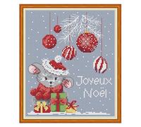 Zleiubisa Noel Merry Christmas DIY Cross Stitch Art Craft 28x35cm Fabric with Accessories, 11ct Pre Printed Stamped Embroidery Kits for Adults Beginners (Christmas Mouse)