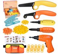 ZLemma Kids Cardboard Tool Kit- 258 Piece Cardboard Construction Toolbox - with Drill, Safety Saw, Scorer, Hinges & Bolt, Portable Waist Bag, Gift Box for Creative DIY Projects