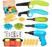 ZLemma Kids Cardboard Tool Kit- 258 Piece Cardboard Construction Toolbox - with Drill, Safety Saw, Scorer, Hinges & Bolt, Portable Waist Bag, Gift Box for Creative DIY Projects