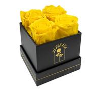 ZLEVEAYN 4 Pcs Fresh Preserved Roses in a Box Forever Real Flowers Birthday Valentine's Day Gifts Eternal Love for Her Women Mom(Yellow, Black Box)