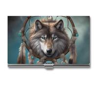 ZLFDSKGY Business Card Holder Slim Metal Business Card Case for Men Women 3D Wolf Dream Catcher Name Cards Holder Professional Businesses Cards Organizer Credit Carrier
