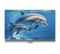 ZLFDSKGY Business Card Holder Slim Metal Business Card Case for Men Women Dolphins in The Sea Name Cards Holder Professional Businesses Cards Organizer Credit Carrier