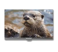 ZLFDSKGY Business Card Holder Slim Metal Business Card Case for Men Women Otter Playing in The Water Name Cards Holder Professional Businesses Cards Organizer Credit Carrier