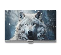 ZLFDSKGY Business Card Holder Slim Metal Business Card Case for Men Women Wolf Sitting in The Snow Name Cards Holder Professional Businesses Cards Organizer Credit Carrier