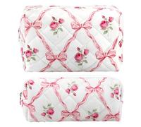 ZLFSRQ 2Pcs Bow Pencil Case Cute Pencil Pouch for Teens Quilted Makeup Bag Small Travel Cosmetic Bag Preppy Pen Bags Aesthetic Toiletry Bags Makeup Pouch for Purse Zipper Skincare Storage Organizer