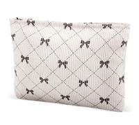 ZLFSRQ Corduroy Makeup Bag for Women Preppy Large Capacity Cosmetic Bags Travel Toiletry Organizer Pouch for Purse Zipper Makeup Brushes Storage Tote Bag Cute Y2K Aesthetic Essential Bags（Khaki Bow）