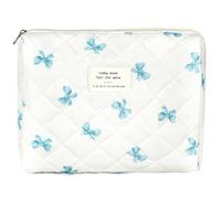 ZLFSRQ Cotton Quilted Makeup Bag for Women Girls Cute Bow Cosmetic Bag Coquette Preppy Zipper Makeup Pouch for Purse, M Blue Bow