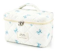 ZLFSRQ Cotton Quilted Makeup Bag for Women Girls Cute Bow Cosmetic Bag Coquette Preppy Zipper Makeup Pouch for Purse, L Blue Bow