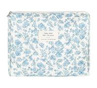 ZLFSRQ Cotton Quilted Makeup Bag for Women Girls Cute Bow Cosmetic Bag Coquette Preppy Zipper Makeup Pouch for Purse, M Blue Floral