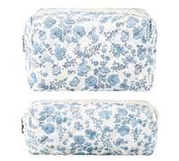 ZLFSRQ Floral Pencil Case Cute Pencil Pouch Quilted Makeup Bag Small Travel Cosmetic Bag with Zipper Preppy Pen Bags Aesthetic Toiletry Bags Makeup Pouch for Purse Skincare Storage Organizer, Blue