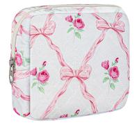 ZLFSRQ Small Quilted Makeup Bag for Purse Mini Quilted Pouch Cute Cotton Makeup Bag with Compartments Aesthetic Cosmetic Bags for Women Coquette Zipper Travel Toiletry Bags Lipstick Pouch, Rose bow