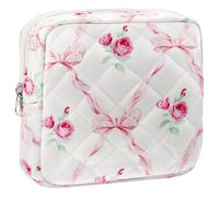ZLFSRQ Small Quilted Makeup Bag for Purse Mini Quilted Pouch Cute Cotton Zipper Makeup Bag with Compartments Aesthetic Cosmetic Bags for Women Coquette Travel Toiletry Bags Lipstick Pouch, Bow Floral