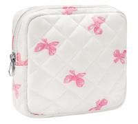 ZLFSRQ Small Quilted Makeup Bag for Purse Mini Quilted Pouch Cute Cotton Zipper Makeup Bag with Compartments Aesthetic Cosmetic Bags for Women Coquette Travel Toiletry Bags Lipstick Pouch, White Bow