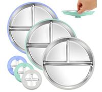 Zliger 3 Pack Stainless Steel Baby Plate with Suction Cup, Divided Suction Plate with Removable Silicone Sleeve for Kids