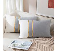 ZLINA Set of 2 Velvet Decorative Lumbar Pillow Covers Grey White Patchwork with Gold Leather Pillow Covers 12 × 20 Inch Cushion Covers Decor Living Room Sofa Bedroom Car
