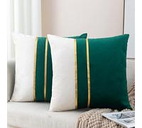 ZLINA Set of 2 Velvet Decorative Throw Pillow Covers Dark Green White Patchwork with Gold Leather Pillow Covers 16 × 16 Inch Cushion Covers Decor Living Room Sofa Bedroom Car
