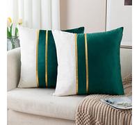 ZLINA Set of 2 Velvet Decorative Throw Pillow Covers Dark Green White Patchwork with Gold Leather Pillow Covers 20 × 20 Inch Cushion Covers Decor Living Room Sofa Bedroom Car