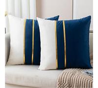 ZLINA Set of 2 Velvet Decorative Throw Pillow Covers Navy Blue White Patchwork with Gold Leather Pillow Covers 16 × 16 Inch Cushion Covers Decor Living Room Sofa Bedroom Car