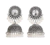 ZLING Classic Women Retro White Rhinestone Indian Jhumka Earrings Turkey Ethnic Vintage Pearl Bell Tassel Earrings