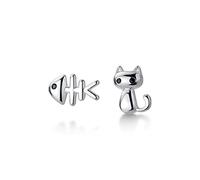 ZLING Genuine 925 Sterling Silver Sweet Asymmetric Cat Fish Bone Cz Stud Earrings For Women Wedding Jewelry
