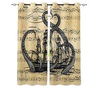 ZLJBB Blackout Curtains 3D Music Score Octopus Pirate Ship Yellow 182X214Cm (WxH) Printing 100% Super Soft Superfine Fiber Thermal Insulated Noise Reduction Eyelet Curtain For Bedroom Living Room
