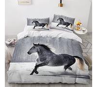 ZLKEJI Single Duvet Cover Set Mottled Grey Bedding Set Andalusian Horse Comforter Cover Set Kids Duvet Cover 2 Pillow Cases 3D Horse Quilt Cover White Grey