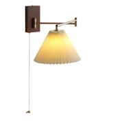 ZLLFHS Brass Decoration Swinging Arm Wall Lamp Fabric Shade Rustic Wood Wall Mounted Light with Pull Chain Gold Reading Light Long Arm Adjustable Vintage Wall Sconces for Bedside Bedroom