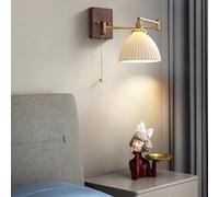 ZLLFHS Brass Decoration Swinging Arm Wall Lamp Vintage Pleated Glass Pull Chain Wall Sconces Nordic Farmhouse Reading Light Milk Glass Wood Wall Mounted Light for Bedroom Bedside Hotels