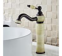 ZLLFHS European Style Natural Jade countertop Basin hot and Cold Water Faucet All Copper Black American Art Basin Marble Antique Faucet, Green Jade Rotation