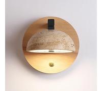 ZLLFHS Nordic Minimalism Round Wooden Wall Lamp with On Off Switch Yellow Travertine LED Wall Sconce 12W Wooden Wall Sconces Bedroom Semi-Circular Stone Wall Lamp