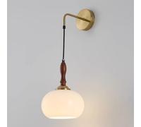 ZLLFHS Vintage Glass Sconce Bedroom Bedside Wooden Lamp, Mounted Light with 100cm Adjustable Hanging Wire Living Room Hallway Wood Wall Lighting Fixtures (Gold)