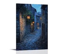 ZLLJXFZZ A Cobblestone Alley Lit by Lanterns at Night, Oil Painting Mood Wall Art Mural Modern Decoration Hanging Art Poster 20x30inch(50x75cm)