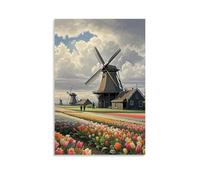 ZLLJXFZZ A Dutch Golden Ageinspired Scene with Windmills, Tulip Fields, And A Cloudy Sky Wall Art Mural Modern Decoration Hanging Art Poster 24x36inch(60x90cm)