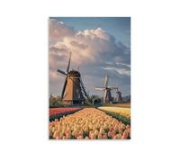 ZLLJXFZZ A Dutch Golden Ageinspired Scene with Windmills, Tulip Fields, And A Cloudy Sky Wall Art Mural Modern Decoration Hanging Art Poster 12x18inch(30x45cm)
