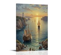 ZLLJXFZZ A Renaissanceinspired Coastal Scene with Ships Sailing on A Calm Sea And A Distant Lighthouse Wall Art Mural Modern Decoration Hanging Art Poster 08x12inch(20x30cm)