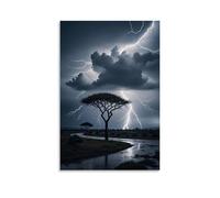ZLLJXFZZ A Stormy Landscape with Dark Clouds, Lightning Strikes, And A Lone Tree Standing Tall in The Wind Wall Art Mural Modern Decoration Hanging Art Poster 08x12inch(20x30cm)