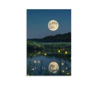 ZLLJXFZZ A Surreal Scene of A Giant Moon Hovering over A Tranquil Lake, Surrounded by Glowing Fireflies Wall Art Mural Modern Decoration Hanging Art Poster 20x30inch(50x75cm)