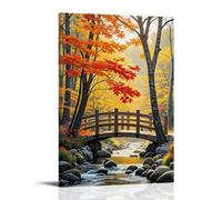 ZLLJXFZZ A Vibrant Autumn Forest with Golden Leaves, Red Maples, And A Wooden Bridge over A Bubbling Stream Wall Art Mural Modern Decoration Hanging Art Poster 20x30inch(50x75cm)