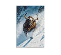ZLLJXFZZ Animal Oil Painting- A Yak Skiing Down Snowy Slopes, Horns Cutting through The Wind. Wall Art Mural Modern Decoration Hanging Art Poster 16x24inch(40x60cm)