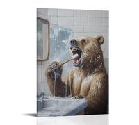 ZLLJXFZZ Animal Oil Painting of A Bear Brushing Teeth So Hard The Mirror Cracked, Foam Flooding Onto The Tiles. Wall Art Mural Modern Decoration Hanging Art Poster 12x18inch(30x45cm)