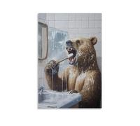 ZLLJXFZZ Animal Oil Painting of A Bear Brushing Teeth So Hard The Mirror Cracked, Foam Flooding Onto The Tiles. Wall Art Mural Modern Decoration Hanging Art Poster 08x12inch(20x30cm)