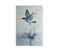 ZLLJXFZZ Animal Oil Painting of A Bird Mid-splash, Diving from The Air Into A Water Ring on Pale Sky Gray. Wall Art Mural Modern Decoration Hanging Art Poster 24x36inch(60x90cm)