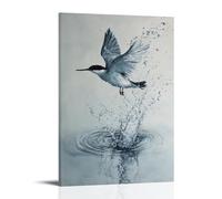 ZLLJXFZZ Animal Oil Painting of A Bird Mid-splash, Diving from The Air Into A Water Ring on Pale Sky Gray. Wall Art Mural Modern Decoration Hanging Art Poster 20x30inch(50x75cm)